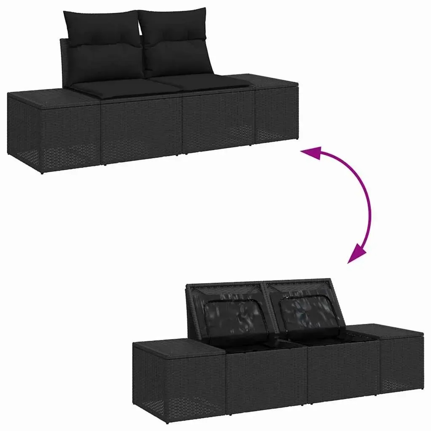 Schwarze 6-tlg. vidaXL Garten-Sofagarnitur aus Poly Rattan mit Kissen und Stauraum.