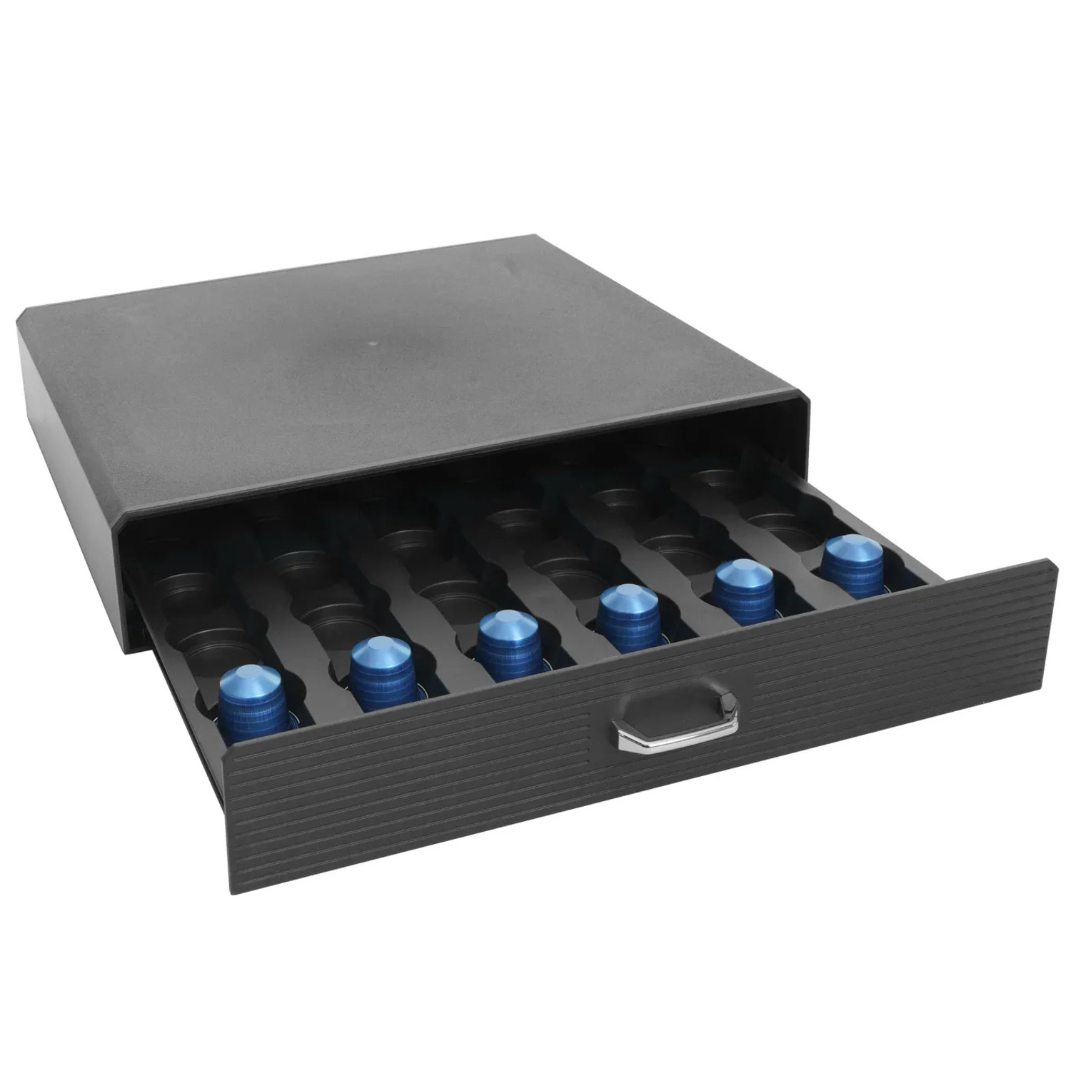 Schwarze MCW Schubladenbox L98 für 30 Kaffeekapseln, teilweise geöffnet.