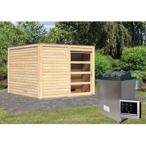 Karibu Saunahaus Jasper mit Ofen und Steuerung im Garten. Holzhaus mit bronzierter Tür und Saunaofen.