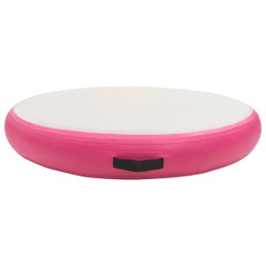 Aufblasbare Gymnastikmatte, 100x100x20 cm, rosa PVC, mit Tragegriff und Pumpe.