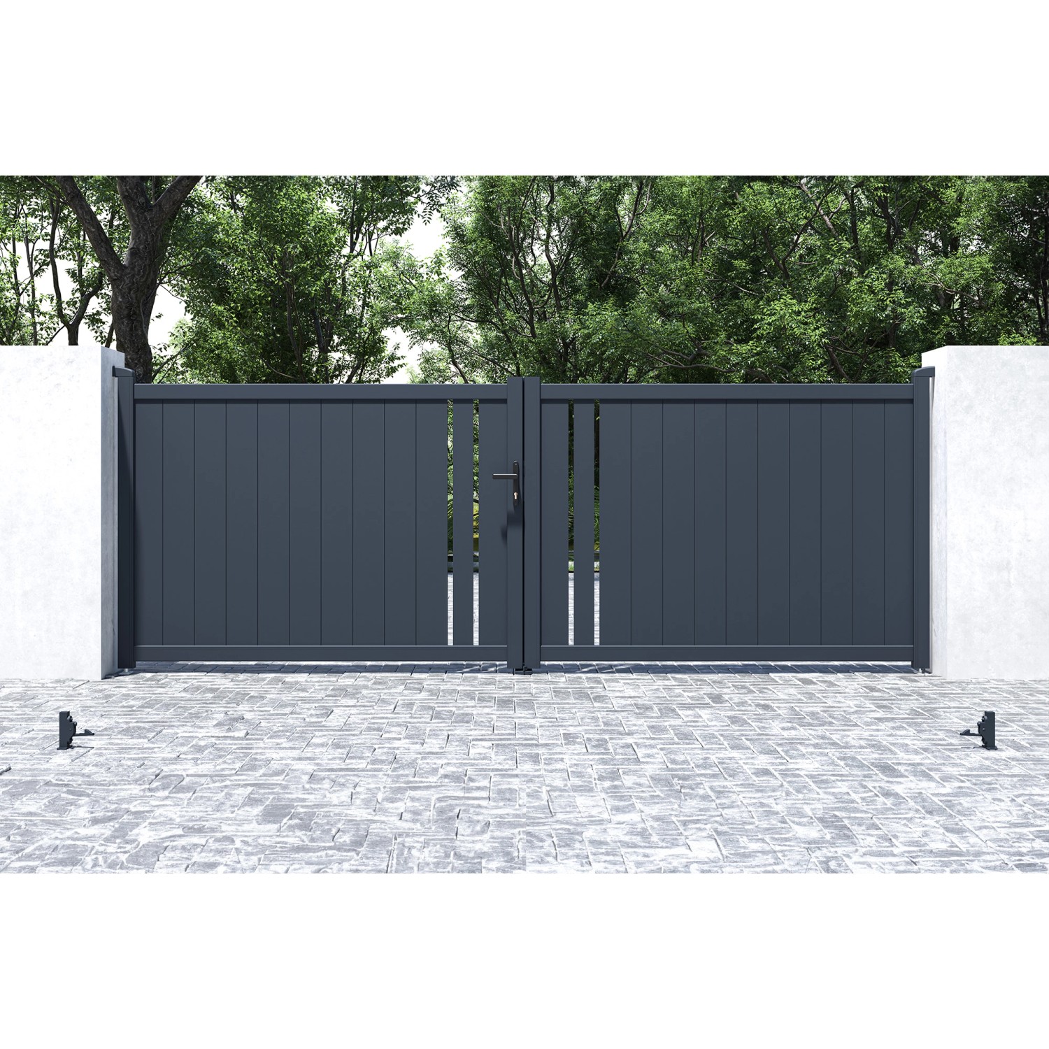 Graues Casanoov Flügeltor Giona (4 m) mit zwei Pfosten (15x15 cm, H 166 cm) im Garten.