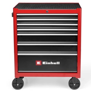 Roter Einhell Werkstattwagen TC-TW 150 mit 7 schwarzen Schubladen, Rollen und Ablage für Werkzeugaufbewahrung.