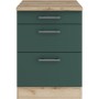 OPTIFIT Savona405 Küchenunterschrank, 60 cm, Steingrün mit Arbeitsplatte in Holzoptik und drei Schubladen.