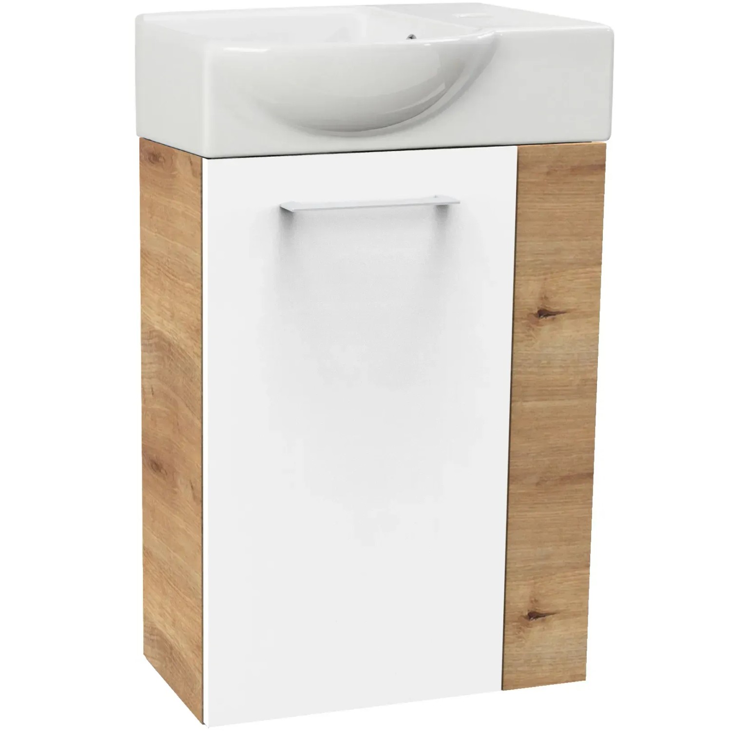 Fackelmann Waschbeckenunterschrank SBC Asteiche, 44 cm breit, mit weißer Front und Griff.