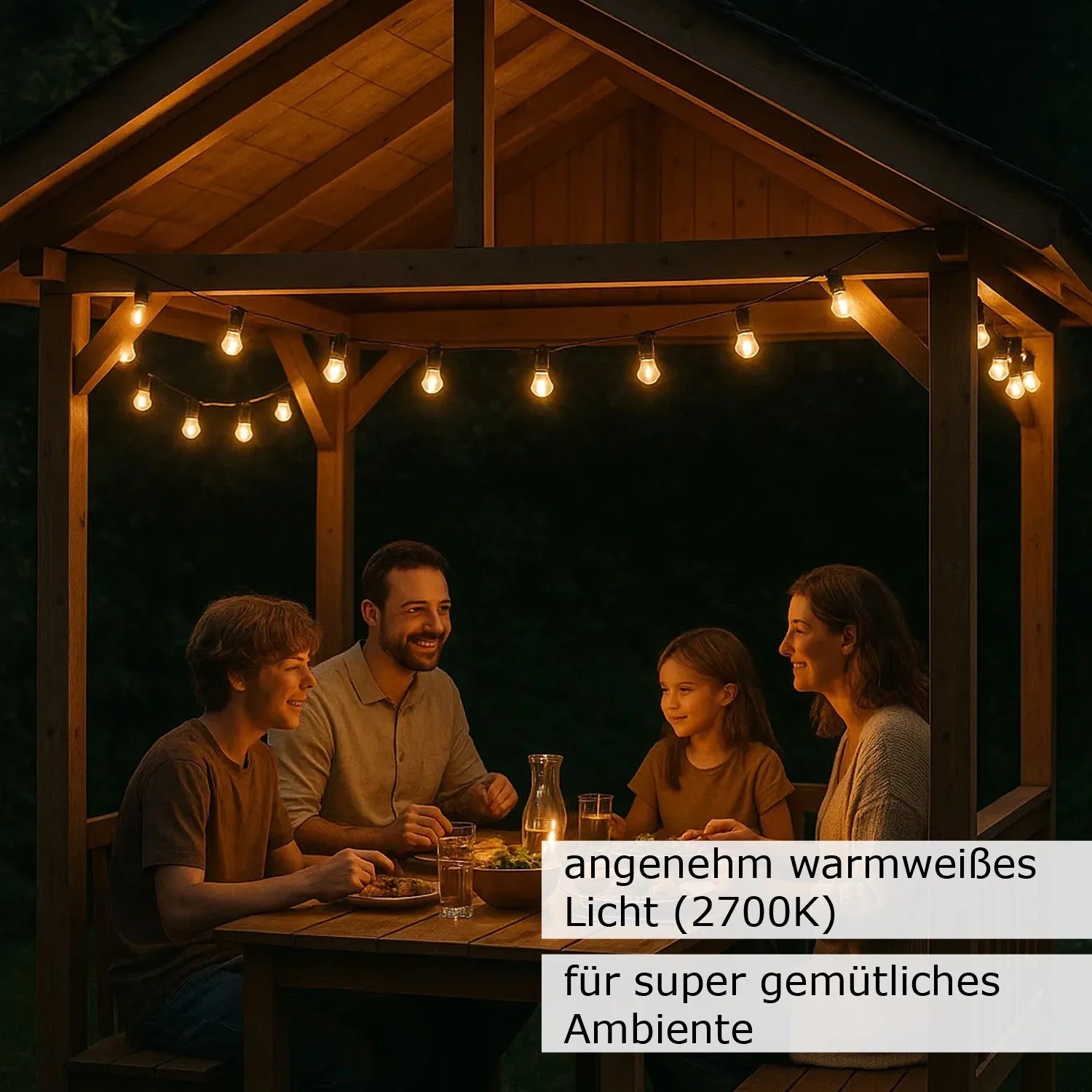 Weiße Partylichterkette mit warmweißen LED-Kugellampen (50xE27) über einer Familie im Gartenpavillon.