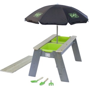 EXIT Aksent Sand- und Wassertisch mit Sonnenschirm und Werkzeug. Multifunktionaler Spieltisch für Kinder.