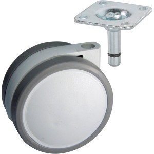 Parkett-Doppelrolle Ø 65mm mit Anschraubplatte aus Metall, grau/weiß, für schonende Bodenbewegung.