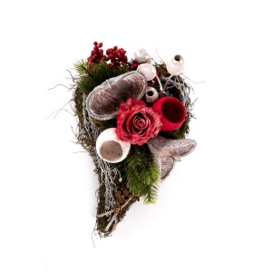 Urnengesteck Herz mit Rose, Naturtöne, 40 cm. Grabgesteck mit Rose und Naturmaterialien.