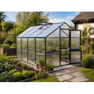 Rechteckiges KGT Gewächshaus Tannengrün im Garten. Transparente Doppelstegplatten, offenes Dachfenster & Tür, Pflanzen innen.