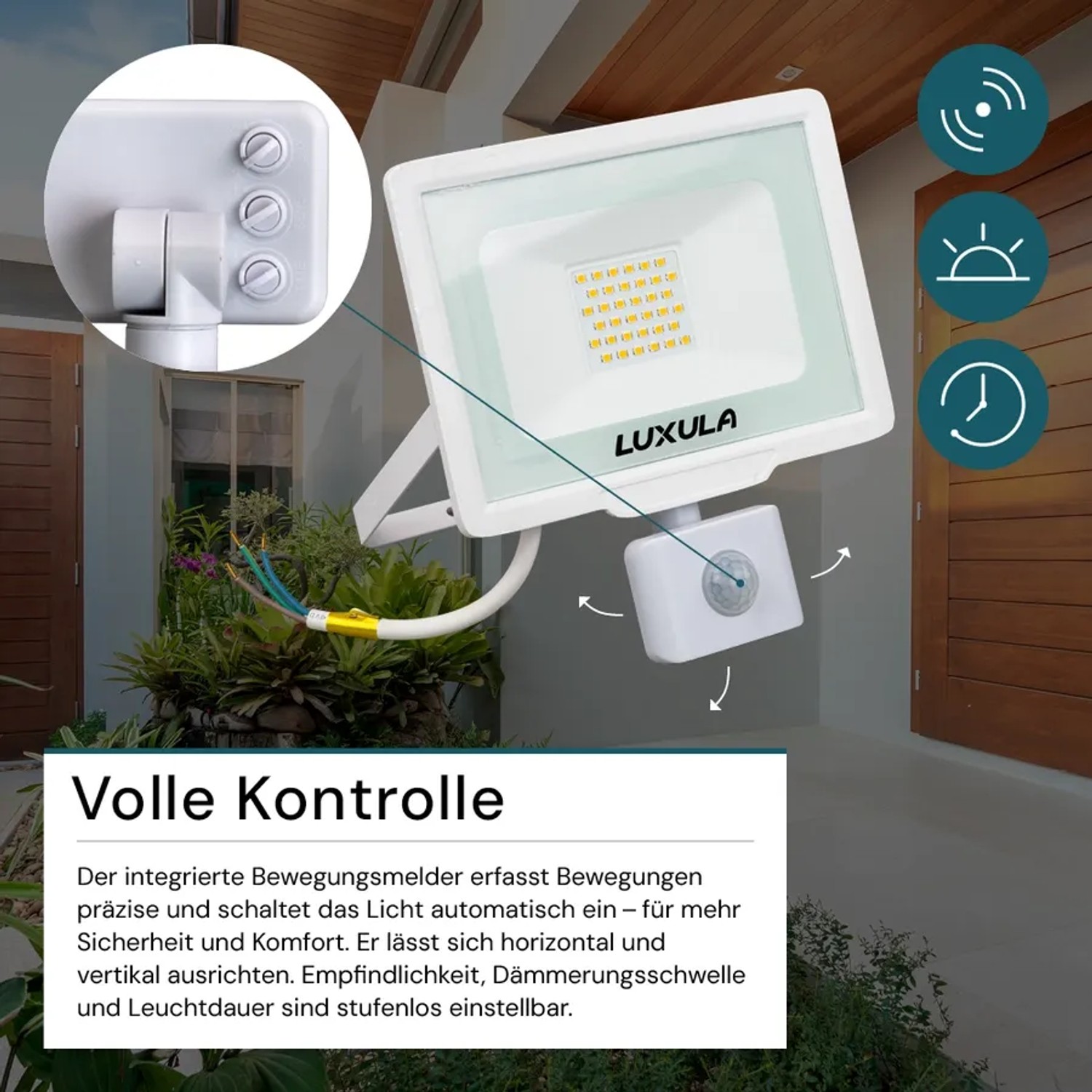 Weißer LUXULA LED Strahler 30W mit Bewegungsmelder für Außen, warmweißes Licht.