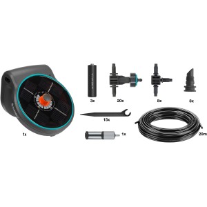Gardena Solar-Bewässerung Aqua Bloom Set mit Pumpe, Solarpanel, Tropfern und Zubehör.