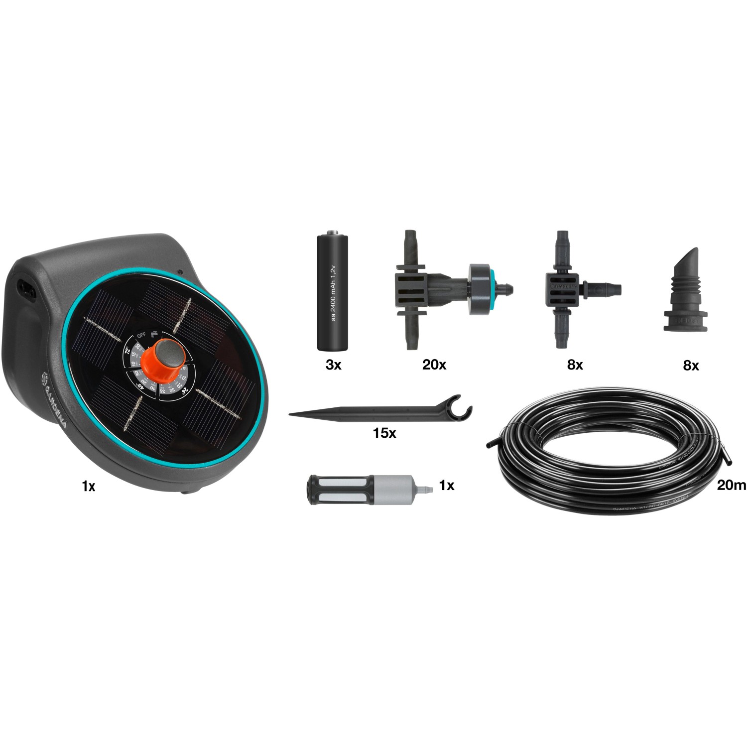 Gardena Solar-Bewässerung Aqua Bloom Set mit Pumpe, Solarpanel, Tropfern und Zubehör.