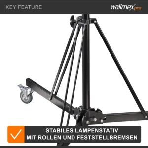 Walimex Pro Rollstativ: stabile Basis mit Rollen und Feststellbremsen für sicheren Stand von Kamera & Licht.