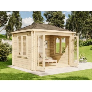 Carlsson Gartenhaus Summertime-40 mit Walmdach, unbehandelt, im Garten. Holz-Gartenhaus mit Fenstern und Doppeltür.