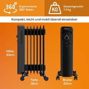 Schwarzer TroniTechnik Ölradiator mit 7 Rippen, 1500 Watt, drei Heizstufen und Rollen.