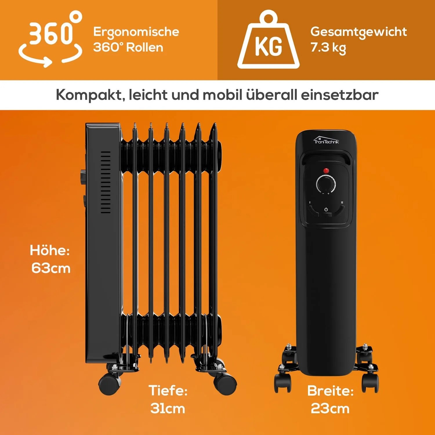 Schwarzer TroniTechnik Ölradiator mit 7 Rippen, 1500 Watt, drei Heizstufen und Rollen.