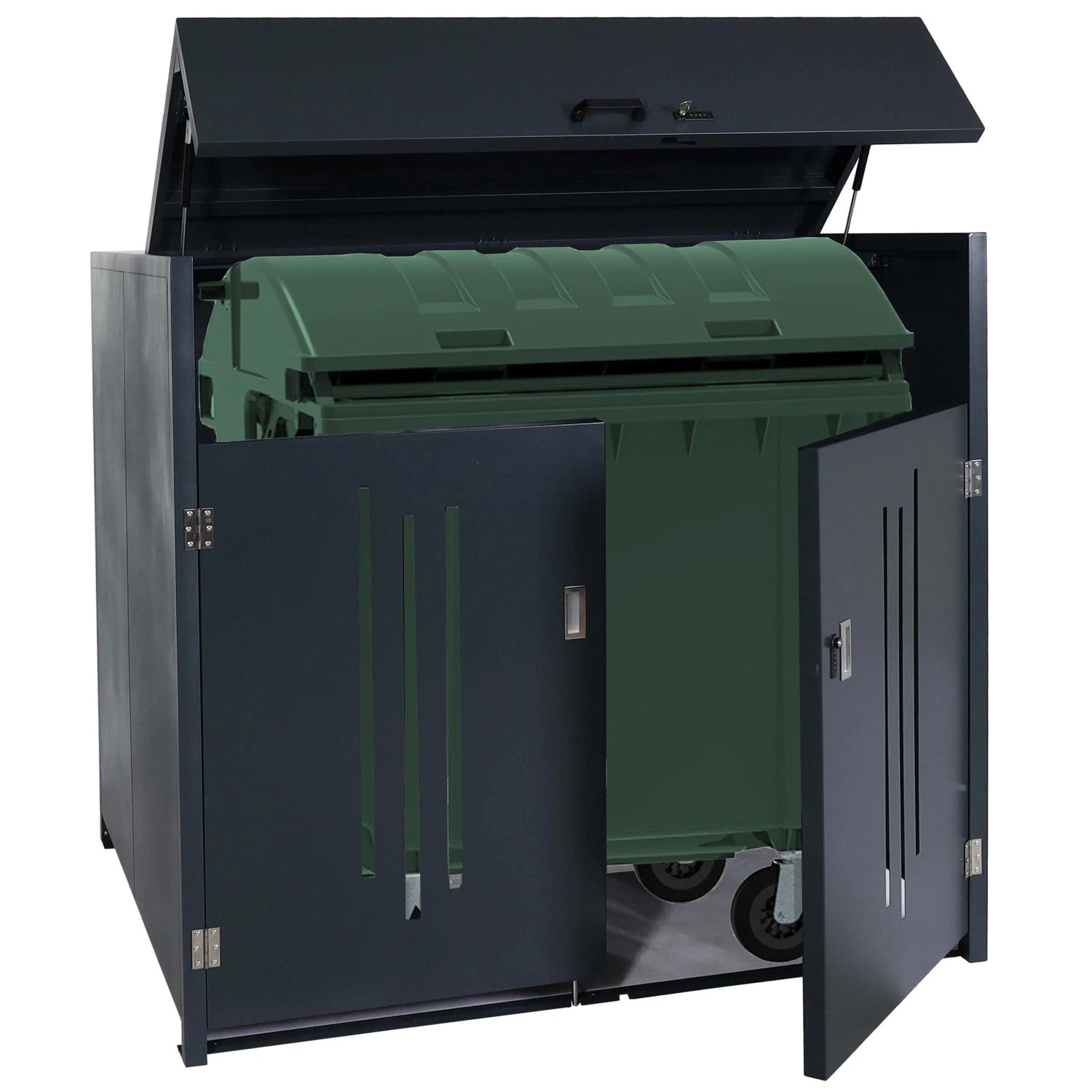 Anthrazit Mülltonnenbox 154x160x136cm mit geöffneten Türen und Deckel, inklusive grüner Mülltonne.