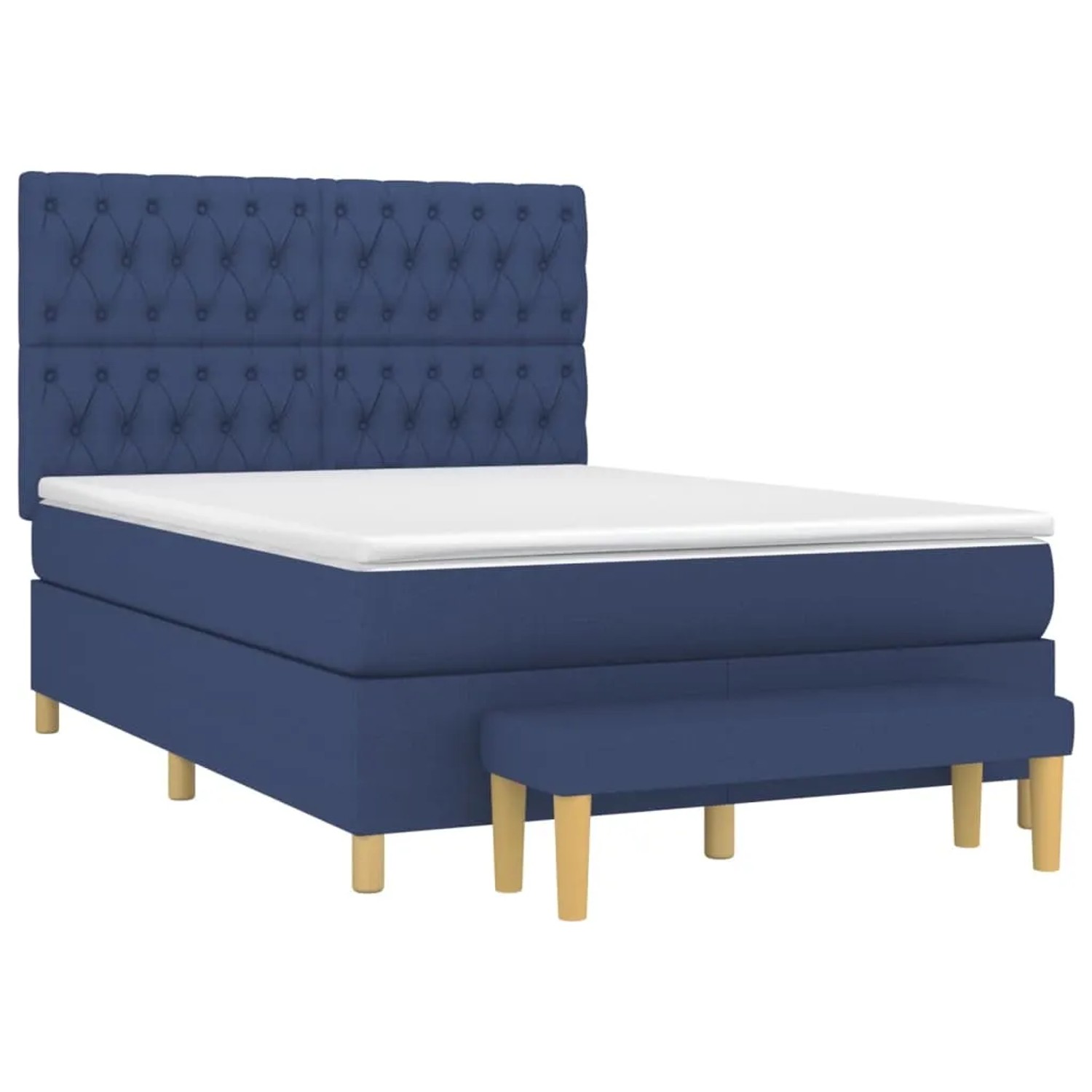 Blaues Boxspringbett (140x200 cm) mit Matratze, Kopfteil und Bank. Stoffbezug.