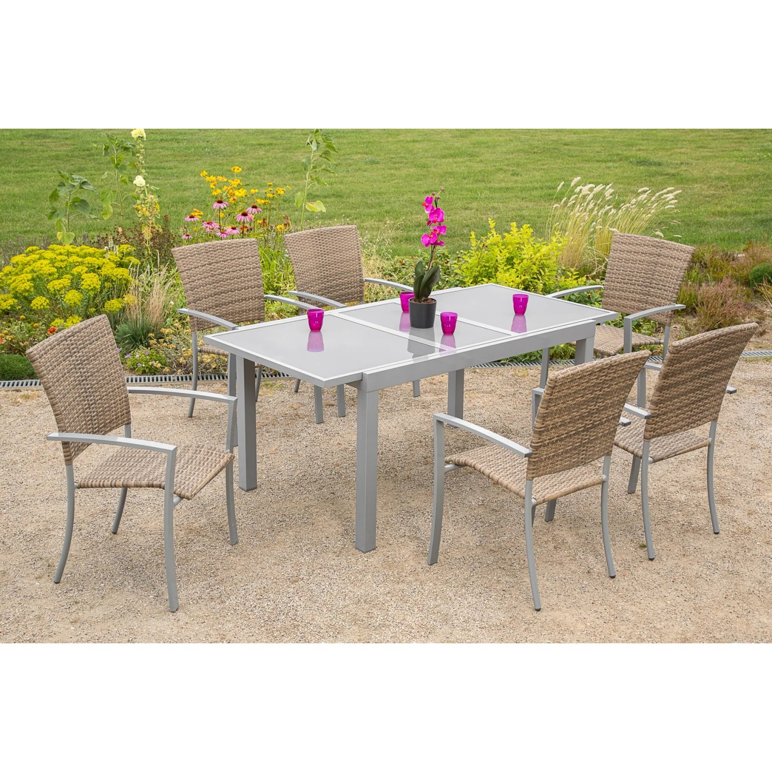 7-teiliges Gartenmöbel-Set Savona in Naturgrau mit Ausziehtisch (140/200x90 cm).