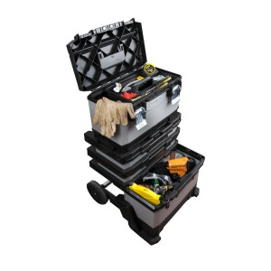 Stanley FatMax Werkstattwagen rollend, mit Werkzeug und Handschuhen. Mobiler Werkzeugwagen für Werkstatt & Baustelle.