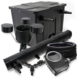 SunSun Filter Set für Teiche bis 12000l: Filter, UVC-Klärer, Pumpe, Schlauch und Skimmer.
