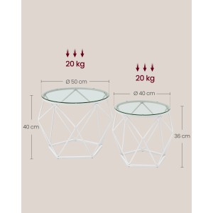 Vasagle Couchtisch 2er Set, rund, weiß/transparent, Glasplatte, Stahlgestell, modernes Design.