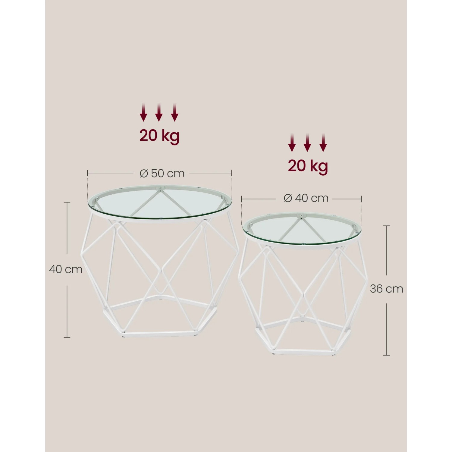 Vasagle Couchtisch 2er Set, rund, weiß/transparent, Glasplatte, Stahlgestell, modernes Design.
