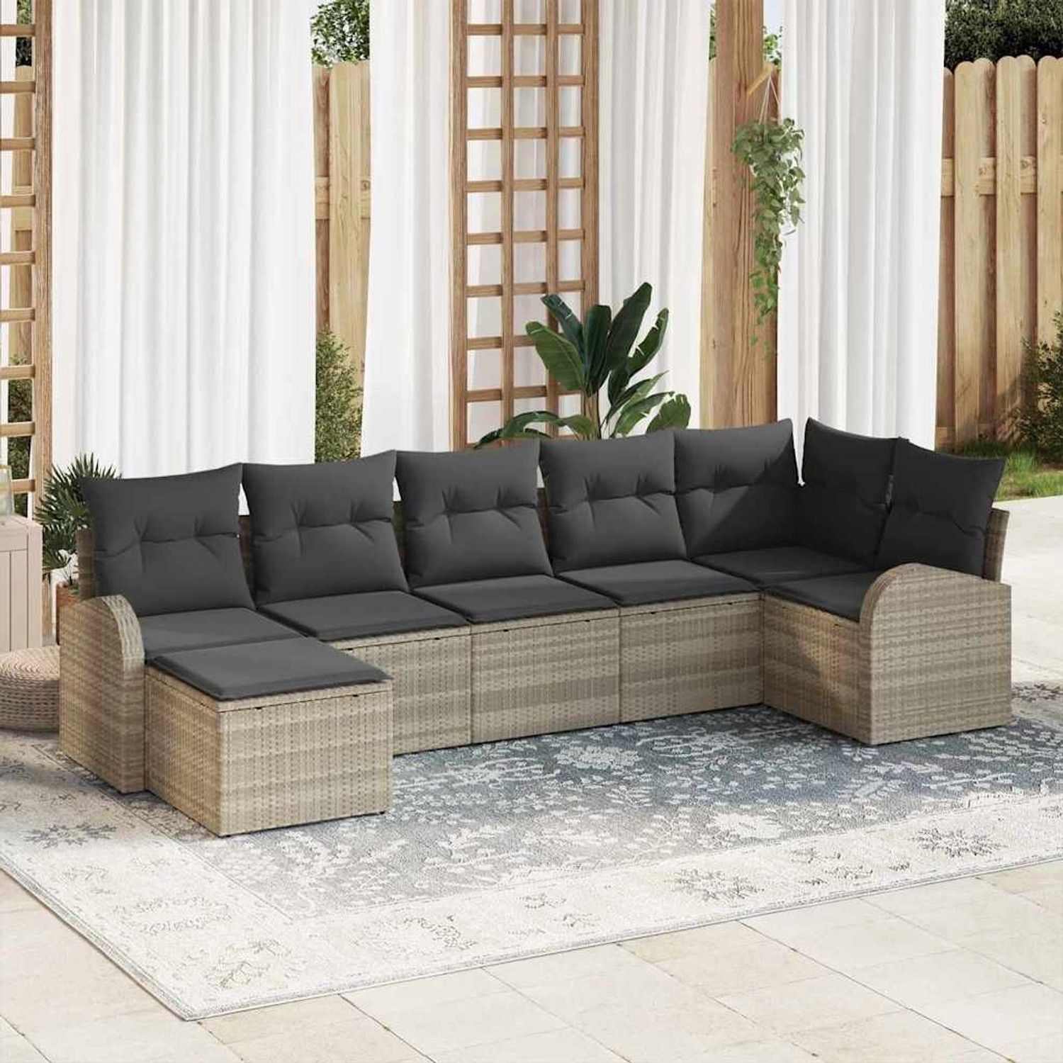 Hellgraues 7-teiliges Garten-Sofa-Set aus Polyrattan von vidaXL. Modulares Lounge-Set für Terrasse und Garten.