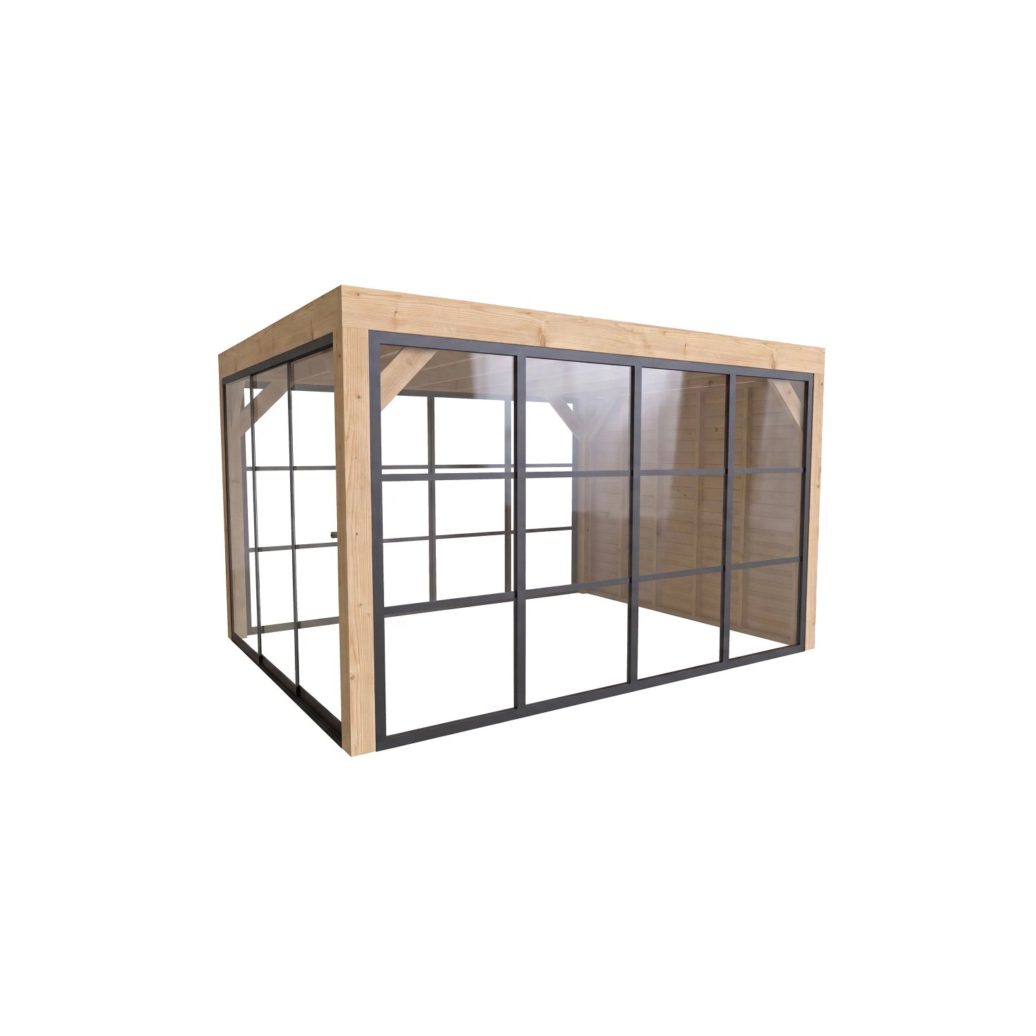 weka Gartenlaube Lumley: Moderne Terrassenüberdachung aus Fichte mit Flachdach, Glasschiebetür, Glas- und Holzwand.