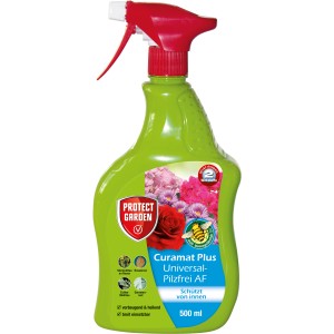 Protect Garden Curamat Plus Universal-Pilzfrei AF 500ml im grünen Sprühbehälter mit rotem Sprühkopf.