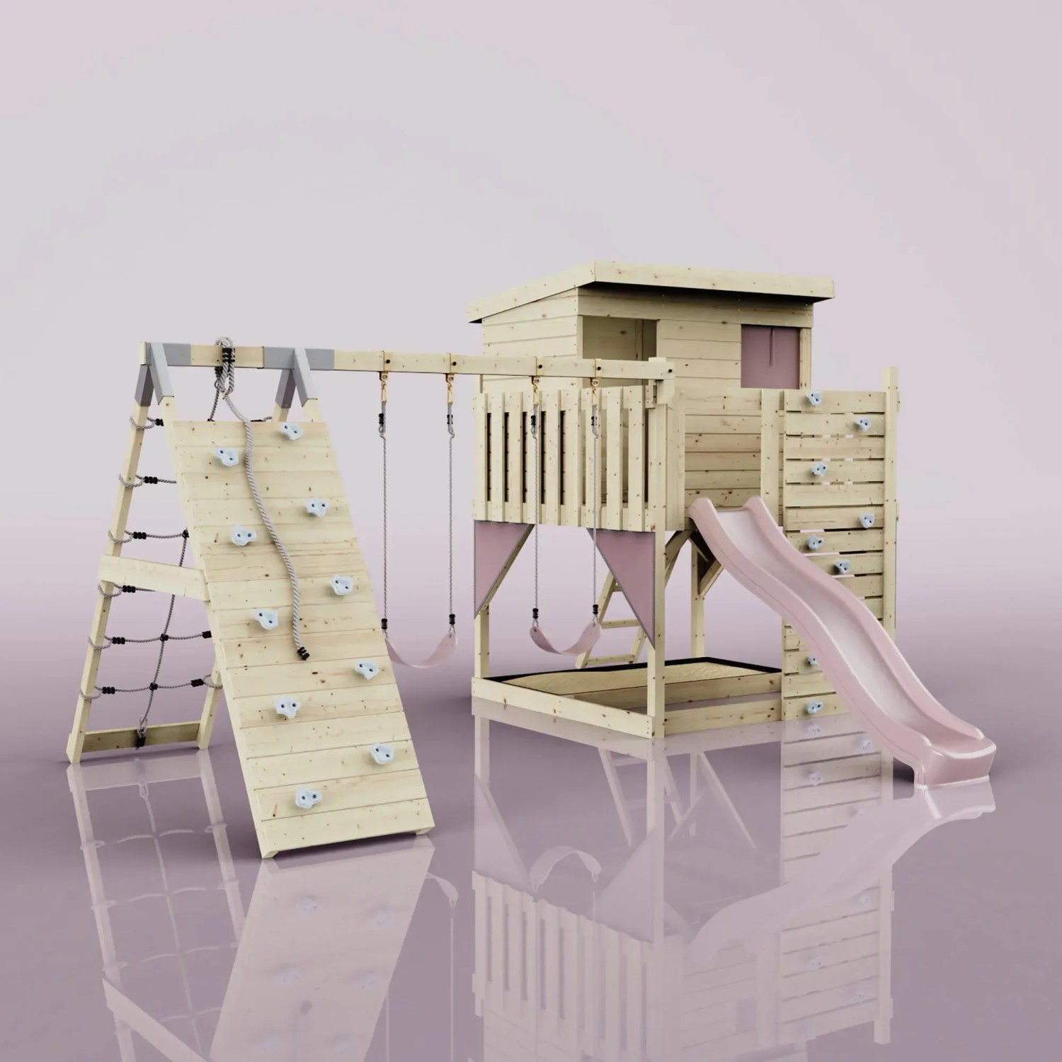 PolarPlay Spielturm Aksel altrosa mit Schaukel, Rutsche und Kletterwand für Kinder.