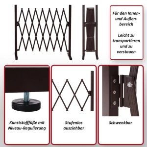 Braunes, ausziehbares MCW Alu Absperrgitter mit Schwenkfunktion und Niveau-Regulierung für Innen- & Außenbereich.