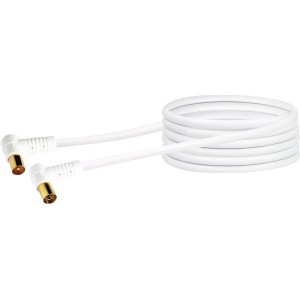 Weißes Schwaiger Antennenkabel, 3 m, mit abgewinkeltem Stecker für Kabelfernsehen.