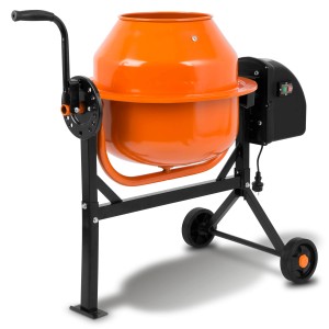 EBERTH 65L Betonmischer, orange Trommel, schwarzes Stahlgestell mit Rädern. Mobil und elektrisch.