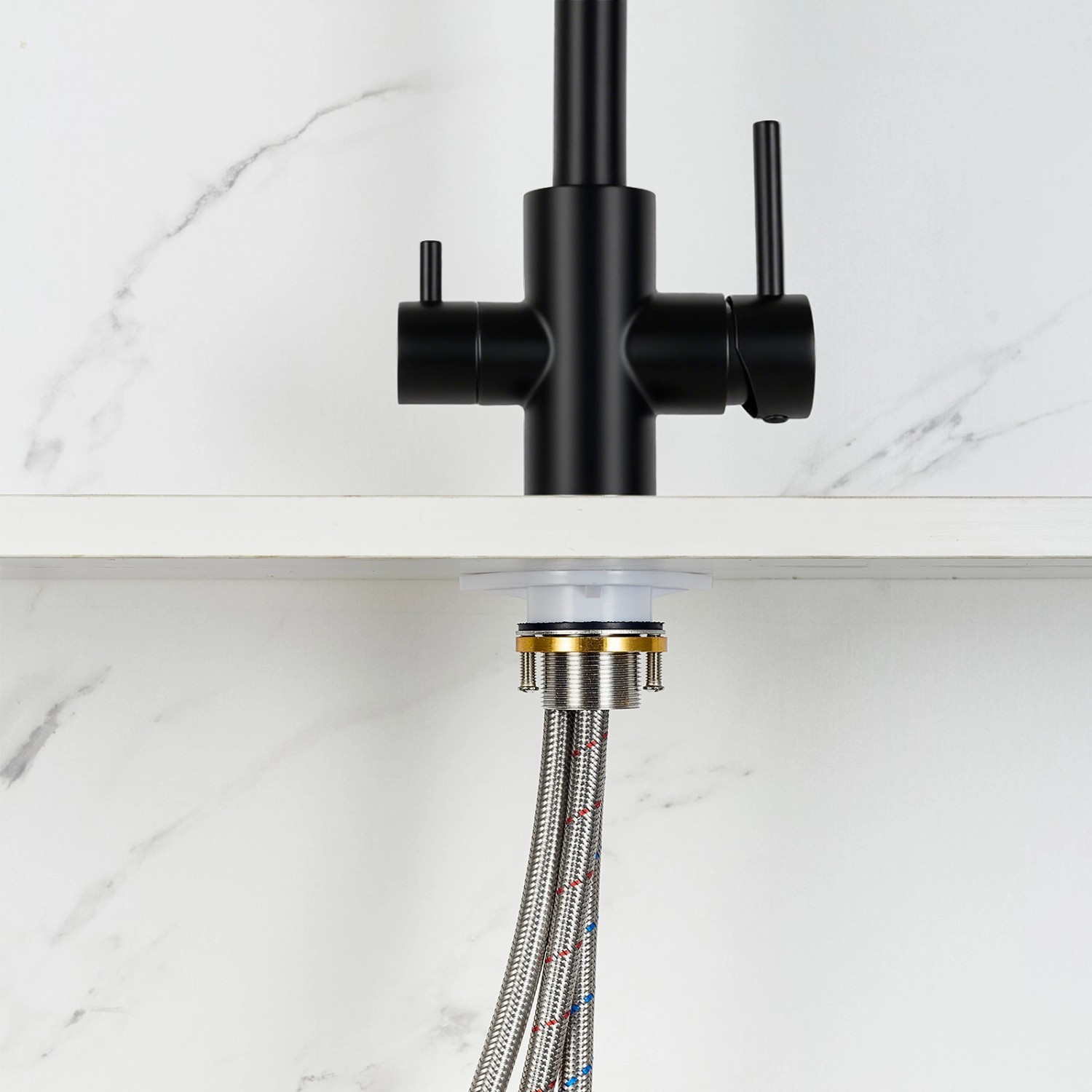 AICA Wasserhahn Schwarz Küche Spültischarmatur 3-Wege mit Trinkwasserfilter 2-Hebel Design für Doppelspülen 360° Schwenkbar_3