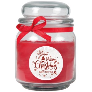 Rote HS Candle Duftkerze im Glas mit Weihnachtsdesign und Schleife, 70h Brenndauer.