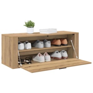 vidaXL Schuhschrank Artisan-Eiche, Holzwerkstoff, mit zwei Regalen und geöffneter Tür.