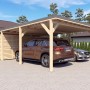 Holzbrüder Doppelcarport Ralf mit Geräteraum, naturbelassen, mit zwei parkenden Autos.