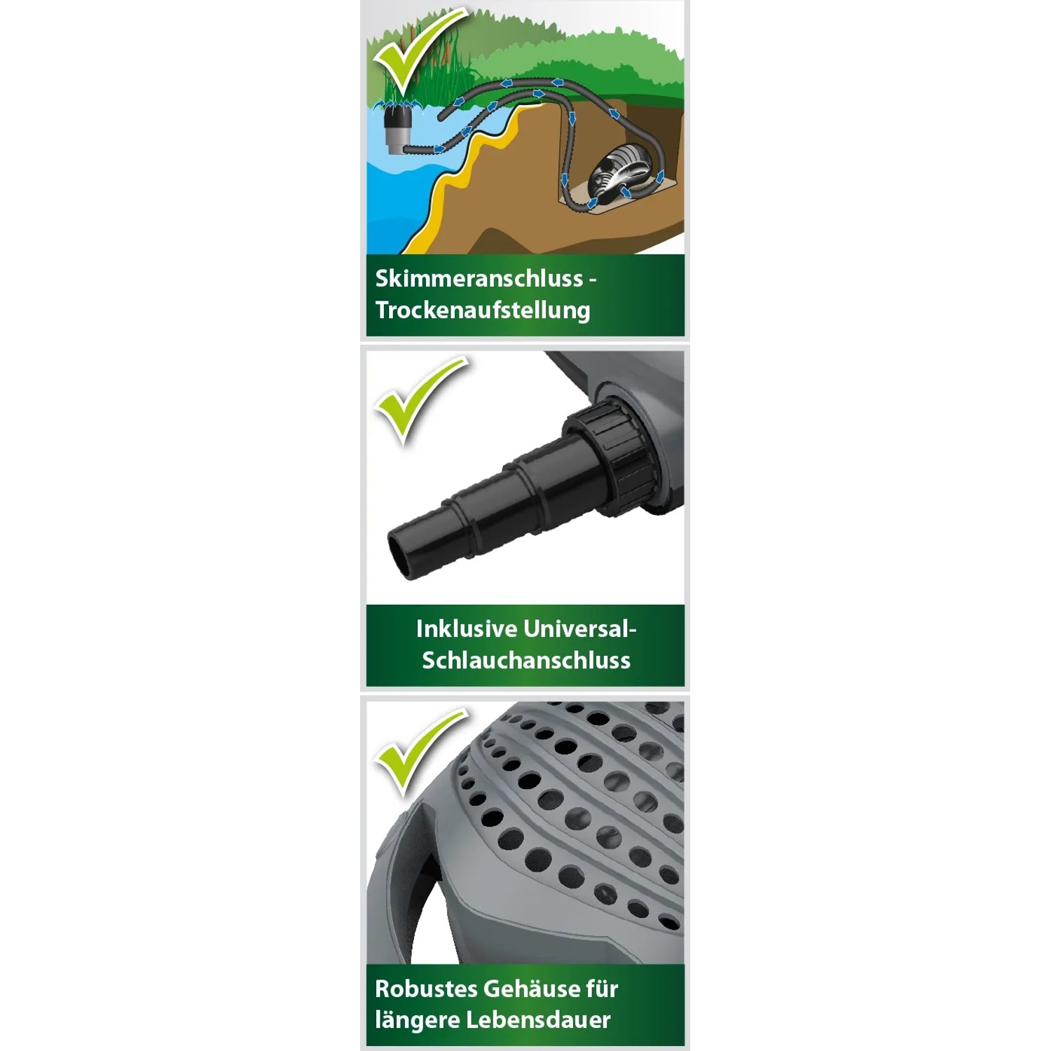 Details der Heissner Aqua Craft Smart 10000 Teichpumpe: Skimmeranschluss, Universal-Schlauchanschluss, robustes Gehäuse.
