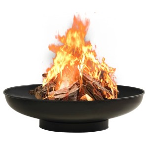 Schwarze vidaXL Feuerschale (80 cm) aus Stahl mit brennendem Holz. Dekorative Feuerstelle für Garten und Terrasse.