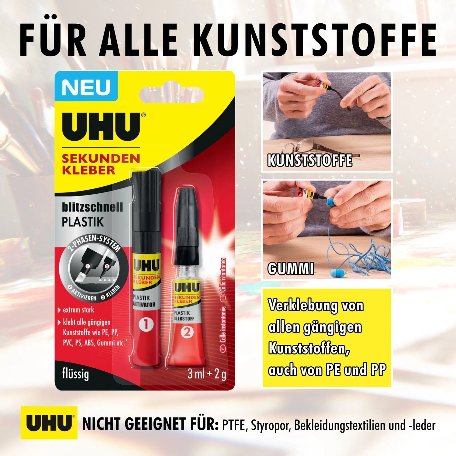 UHU Sekundenkleber Plastik, 2-Phasen-System mit Aktivator-Stift und Kleber für Kunststoffe.