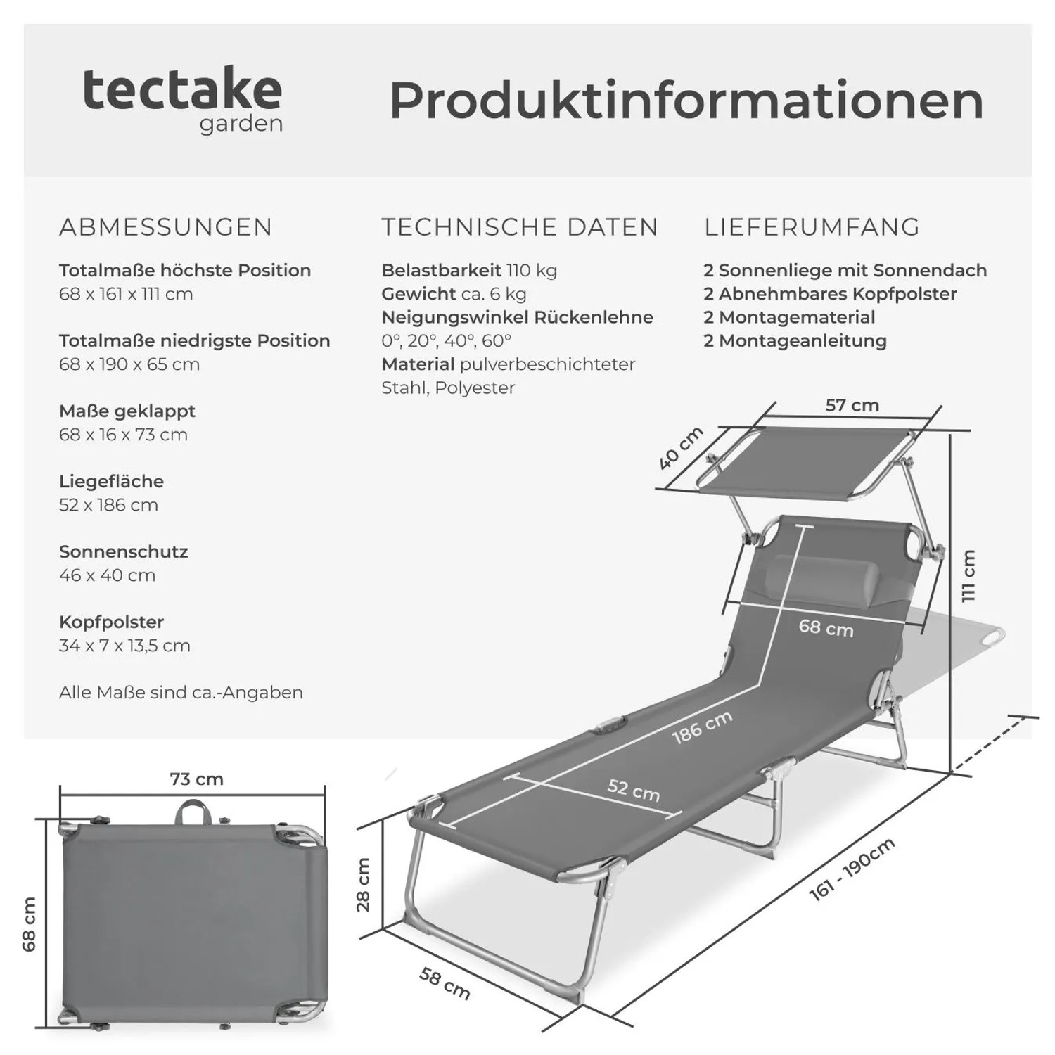 2er Set graue Tectake Sonnenliegen mit Sonnendach, klappbar und verstellbar.