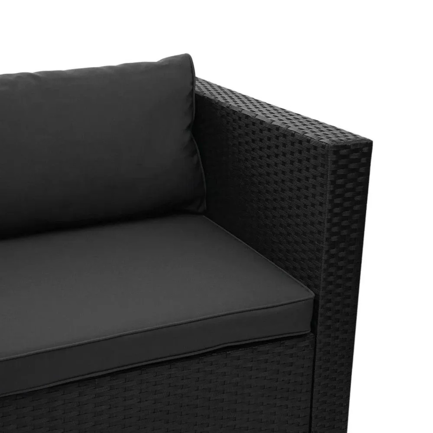 MCW Poly-Rattan Gartengarnitur Schwarz mit dunklen Polstern. Detailansicht des Flechtwerks.