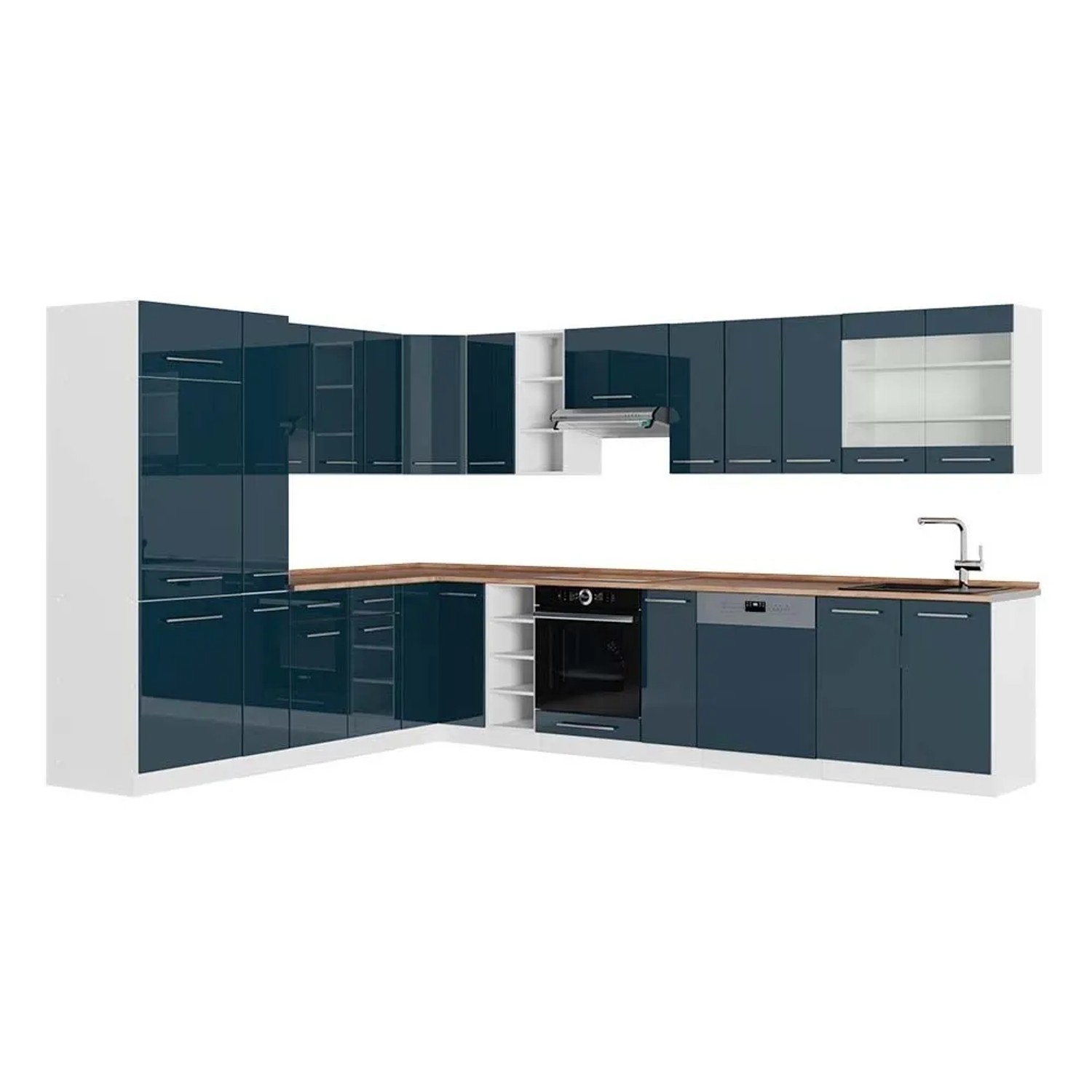 Vicco Eckküche Fame-Line Dunkelblau Hochglanz/Weiß 347 x 82, AP Eiche