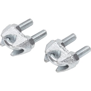 Zwei verzinkte Seilklemmen, 6 mm, zum Verbinden von Draht- oder Faserseilen.