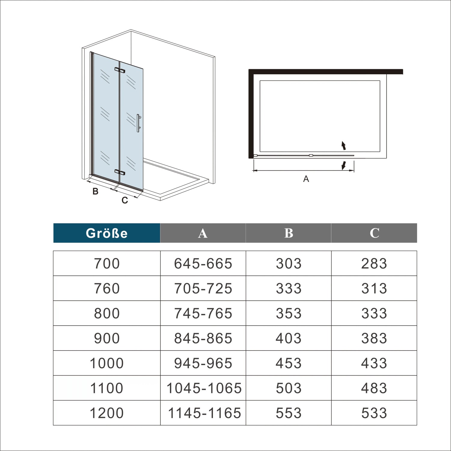 Skizze einer AICA Falttür Dusche 80x195cm aus Glas, schwenkbare Duschabtrennung mit Maßangaben.