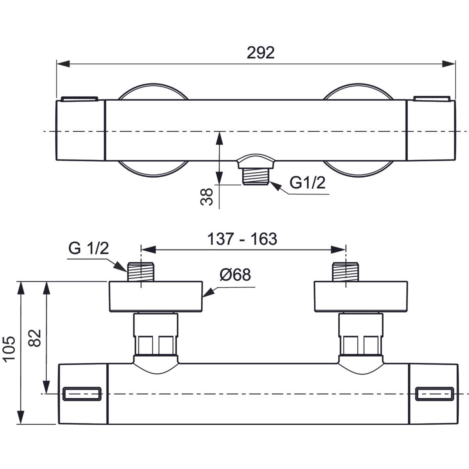 Technische Zeichnung: Ideal Standard Brausethermostat Aufputz DN 15 Rosé mit Maßen.