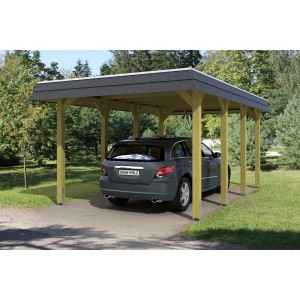 Skan Holz Walmdach-Carport Spreewald mit Auto. Holzkonstruktion und schwarze Blende.