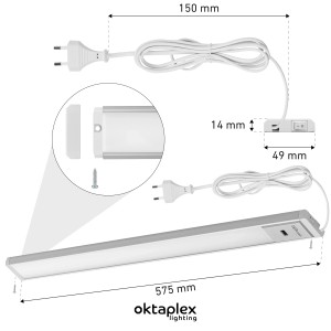 Oktaplex Riva LED Unterbauleuchte, dimmbar, mit Sensor, 58cm, Aluminium, warmweiß, mit Schalter.