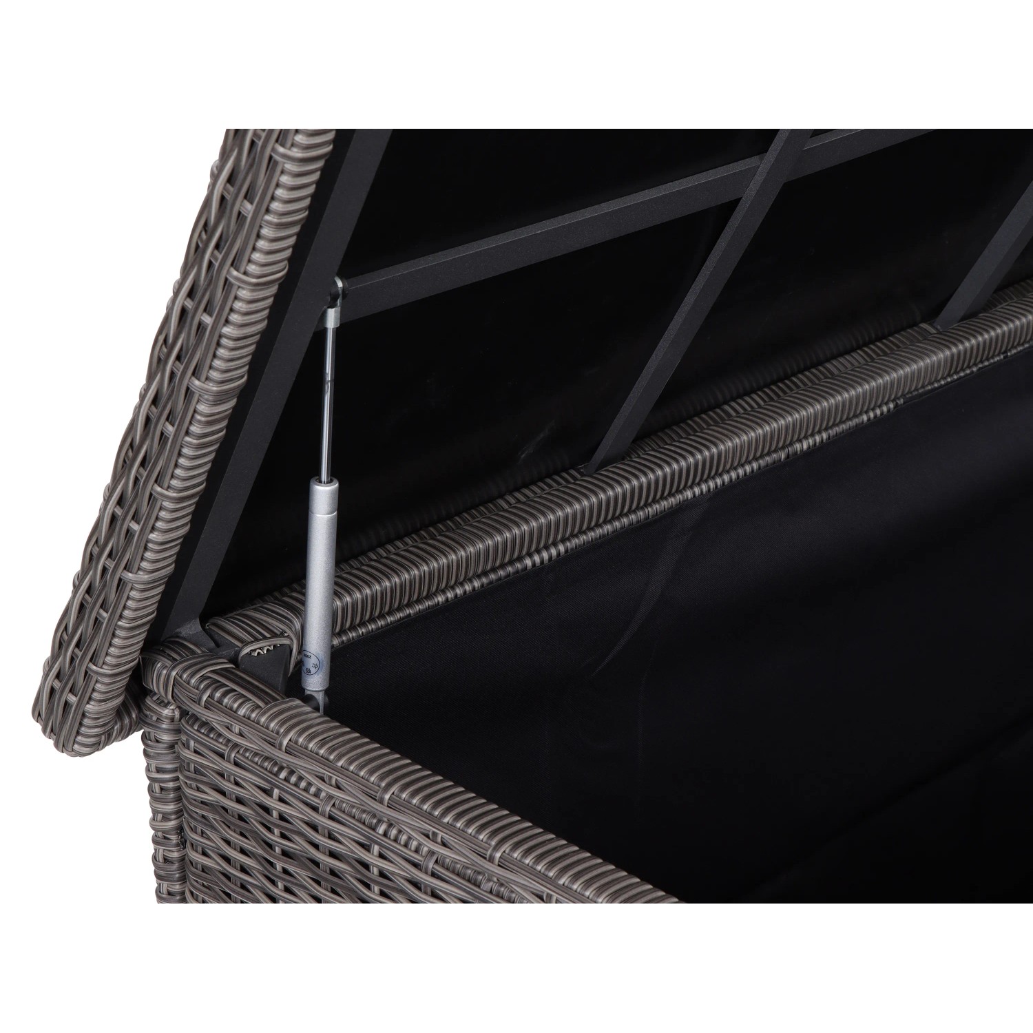 Geöffnete Siena Garden Kissenbox Corido in Anthrazitgrau mit Gardino-Geflecht und Innentasche.